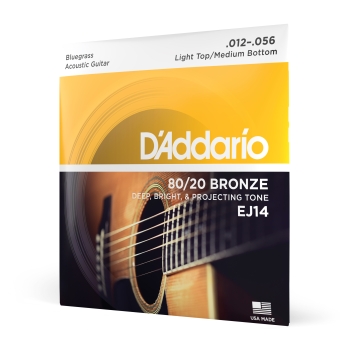 Corde D’Addario EJ14 per chitarra acustica, rivestimento in bronzo 80/20, Light Top/Medium Bottom/Bluegrass, 12-56 - D'Addario