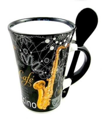 Cappuccino Mug With Spoon Saxophone Black - Little Snoring