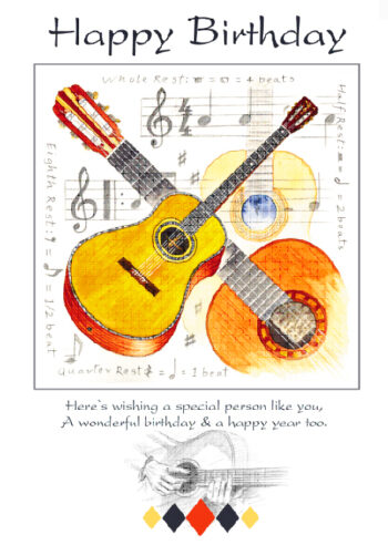 7x5 Happy Birthday Card - Guitar Design - Little Snoring